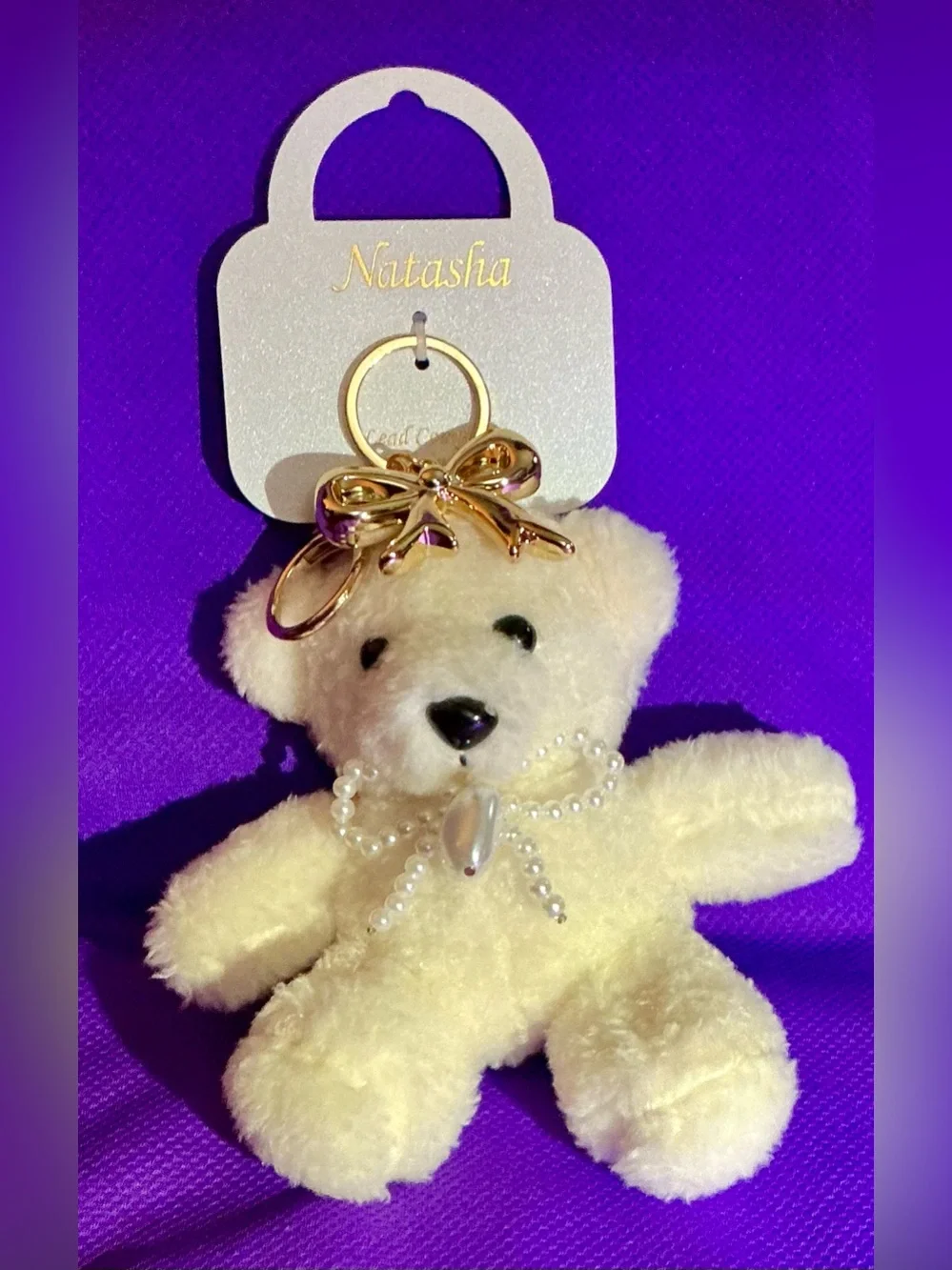Natasha Couture Cream Plush Teddy Bear Keyring with Pearl Necklace & Gold Bow